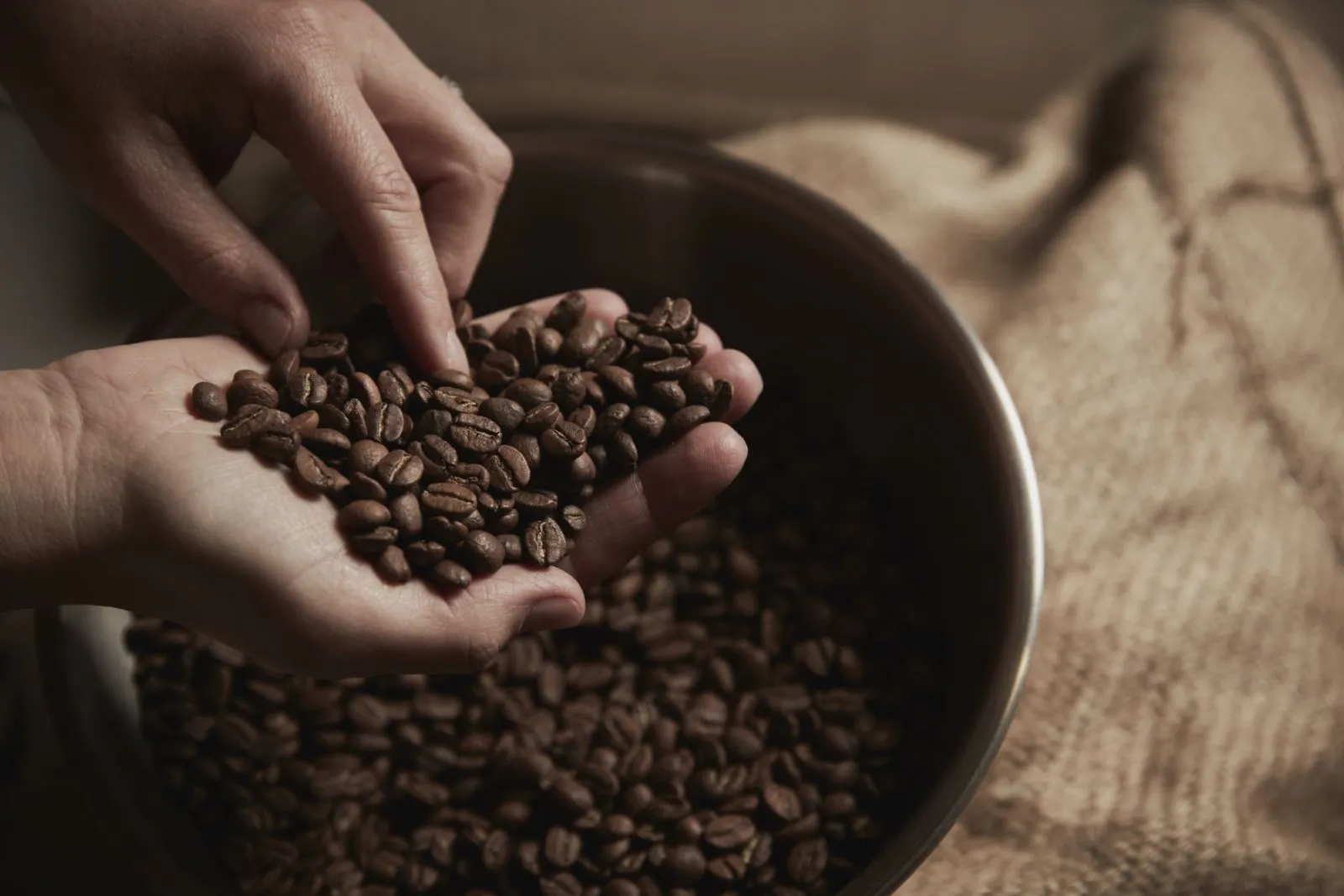 一雙手正在挑選咖啡豆