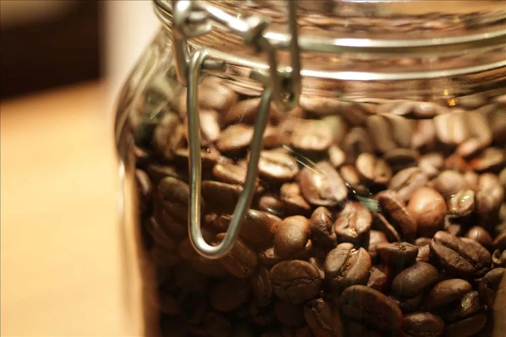 咖啡豆被裝在玻璃密封罐中保存